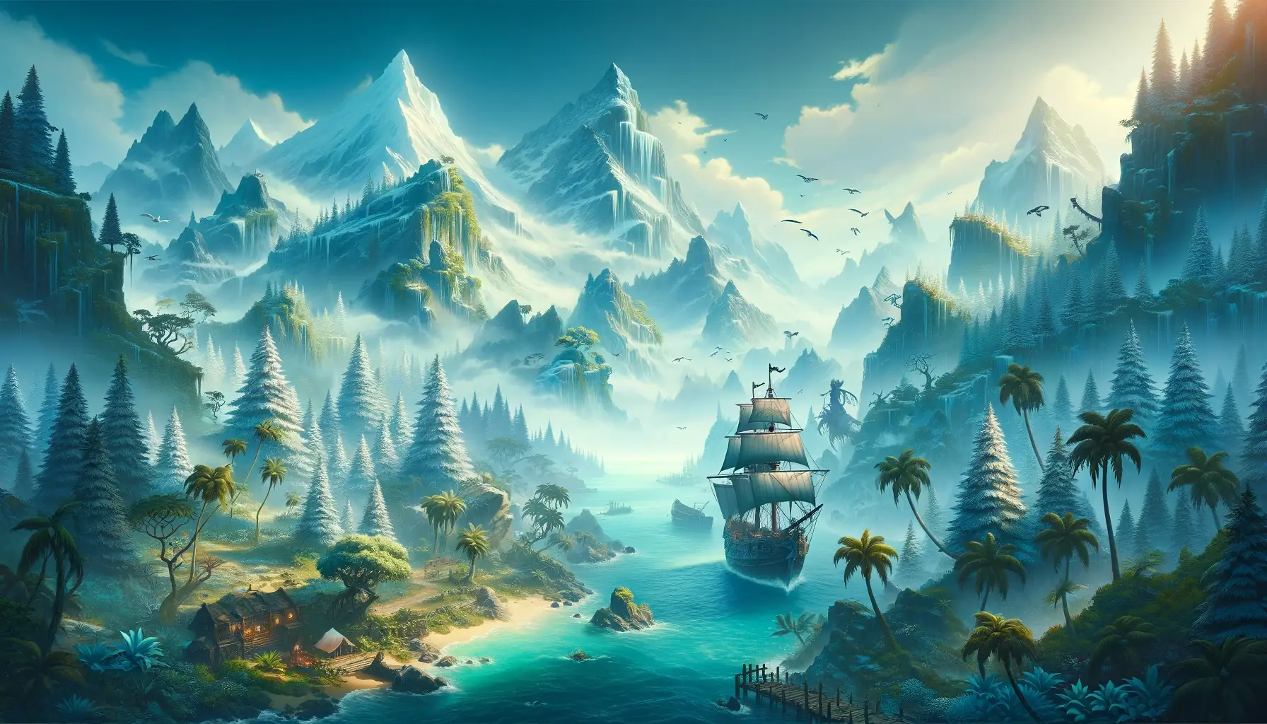 Painted key art for Heart of the Sea: a tall ship sailing a quiet bay between misty mountains and pine-covered islands.
